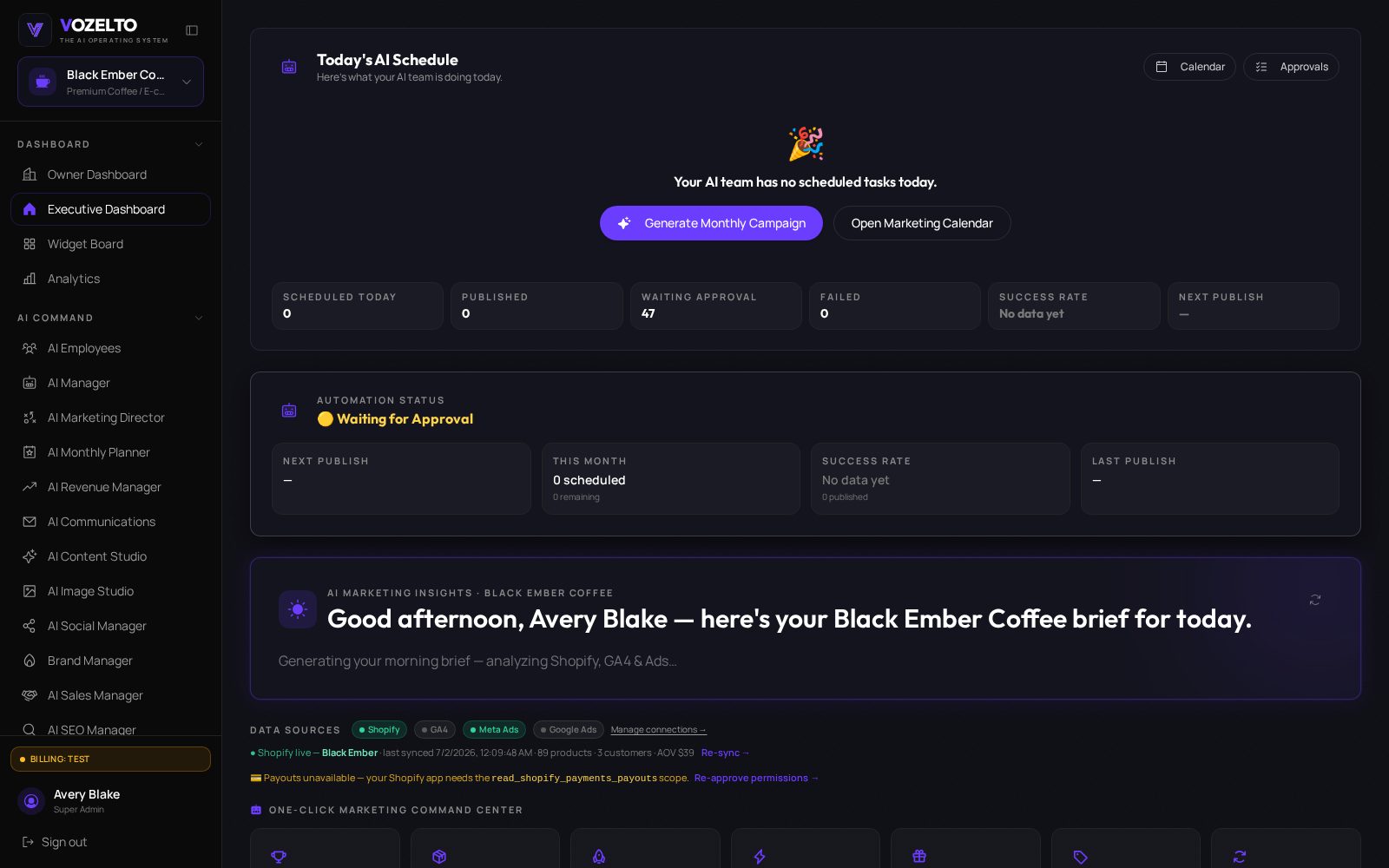 Vozelto Command Center — executive dashboard